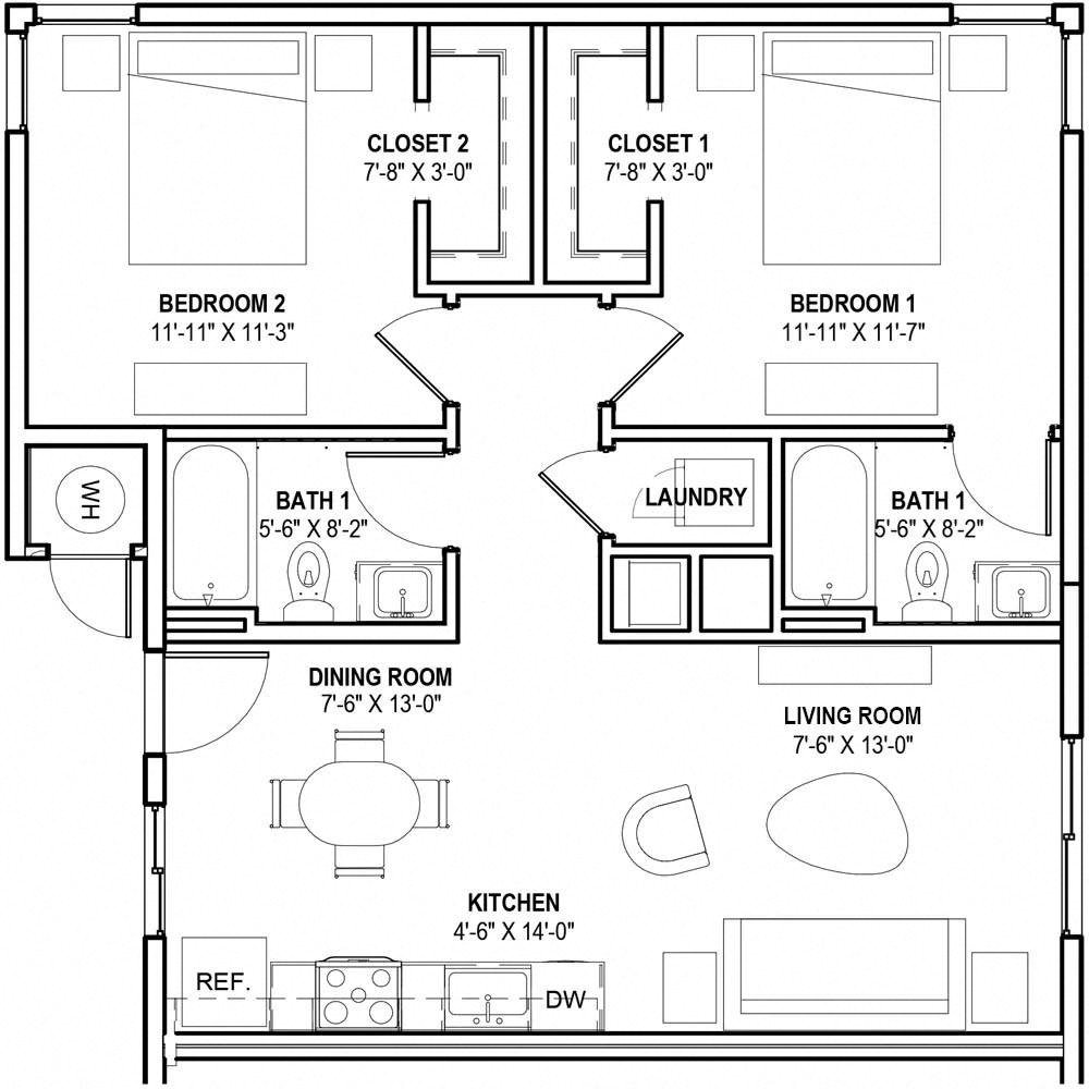 B1: 2 Bed 2 Bath floor plan